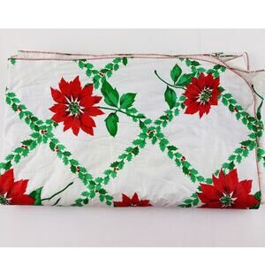 Vintage Vinyl Plastic Tablecloth Poinsettias Flannel Back Christmas Red Green Ea